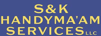Logo for S&K Handyma'am Services, LLC, in gold text on a blue background.